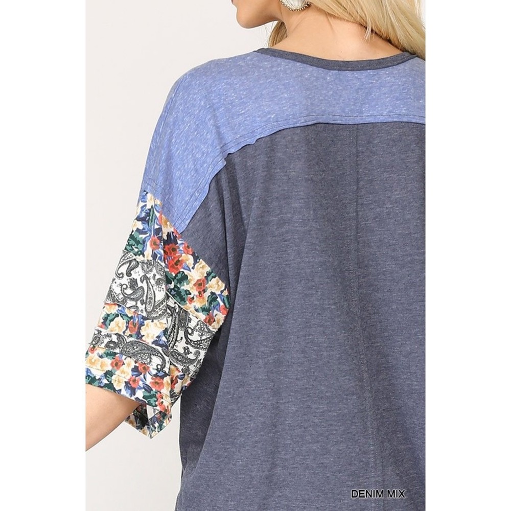 Colorblock Knit And Floral Print Mixed Top With Dolman Sleeve - Picture 4 of 7